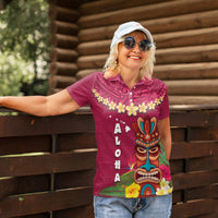 Hawaii Plumeria Lei Women Polo Shirt Tiki and Kakau Pattern Pink Color