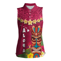Hawaii Plumeria Lei Women Sleeveless Polo Shirt Tiki and Kakau Pattern Pink Color