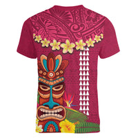 Hawaii Plumeria Lei Women V-Neck T-Shirt Tiki and Kakau Pattern Pink Color