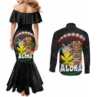 Aloha Hawaii Couples Matching Mermaid Dress and Long Sleeve Button Shirt Kanaka Maoli with Polynesian Spiral Plumeria