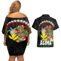 Aloha Hawaii Couples Matching Off Shoulder Short Dress and Hawaiian Shirt Kanaka Maoli with Polynesian Spiral Plumeria