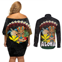 Aloha Hawaii Couples Matching Off Shoulder Short Dress and Long Sleeve Button Shirt Kanaka Maoli with Polynesian Spiral Plumeria