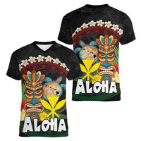 Aloha Hawaii Women V-Neck T-Shirt Kanaka Maoli with Polynesian Spiral Plumeria