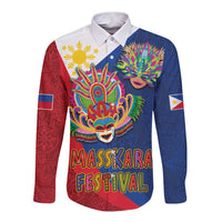 Philippines MassKara Long Sleeve Button Shirt Filipino Carnival Mask and Polynesian Pattern LT03 Unisex Blue - Polynesian Pride