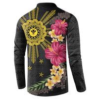 Hawaii and Philippines Together Button Sweatshirt Hibiscus Flower and Sun Badge Polynesian Pattern Coloful