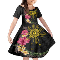 Hawaii and Philippines Together Family Matching Short Sleeve Bodycon Dress and Hawaiian Shirt Hibiscus Flower and Sun Badge Polynesian Pattern Coloful LT03 Daughter's Dress Black - Polynesian Pride