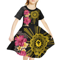 Hawaii and Philippines Together Kid Short Sleeve Dress Hibiscus Flower and Sun Badge Polynesian Pattern Coloful