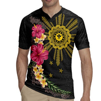 Hawaii and Philippines Together Rugby Jersey Hibiscus Flower and Sun Badge Polynesian Pattern Coloful