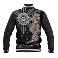 Hawaii and Philippines Together Baseball Jacket Hibiscus Flower and Sun Badge Polynesian Pattern Grayscale