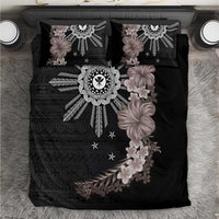 Hawaii and Philippines Together Bedding Set Hibiscus Flower and Sun Badge Polynesian Pattern Grayscale