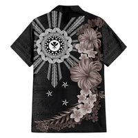 Hawaii and Philippines Together Family Matching Off The Shoulder Long Sleeve Dress and Hawaiian Shirt Hibiscus Flower and Sun Badge Polynesian Pattern Grayscale LT03 - Polynesian Pride
