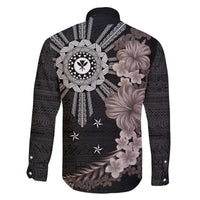 Hawaii and Philippines Together Family Matching Off The Shoulder Long Sleeve Dress and Hawaiian Shirt Hibiscus Flower and Sun Badge Polynesian Pattern Grayscale LT03 - Polynesian Pride