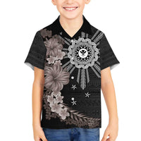 Hawaii and Philippines Together Family Matching Off The Shoulder Long Sleeve Dress and Hawaiian Shirt Hibiscus Flower and Sun Badge Polynesian Pattern Grayscale LT03 Son's Shirt Black - Polynesian Pride