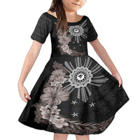 Hawaii and Philippines Together Family Matching Off Shoulder Maxi Dress and Hawaiian Shirt Hibiscus Flower and Sun Badge Polynesian Pattern Grayscale