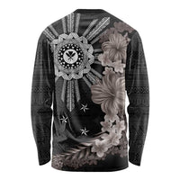 Hawaii and Philippines Together Long Sleeve Shirt Hibiscus Flower and Sun Badge Polynesian Pattern Grayscale LT03 - Polynesian Pride