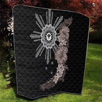 Hawaii and Philippines Together Quilt Hibiscus Flower and Sun Badge Polynesian Pattern Grayscale