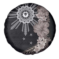 Hawaii and Philippines Together Spare Tire Cover Hibiscus Flower and Sun Badge Polynesian Pattern Grayscale