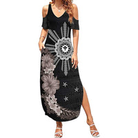 Hawaii and Philippines Together Summer Maxi Dress Hibiscus Flower and Sun Badge Polynesian Pattern Grayscale LT03 Women Black - Polynesian Pride