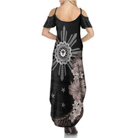 Hawaii and Philippines Together Summer Maxi Dress Hibiscus Flower and Sun Badge Polynesian Pattern Grayscale LT03 - Polynesian Pride