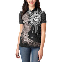 Hawaii and Philippines Together Women Polo Shirt Hibiscus Flower and Sun Badge Polynesian Pattern Grayscale