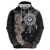 Hawaii and Philippines Together Zip Hoodie Hibiscus Flower and Sun Badge Polynesian Pattern Grayscale
