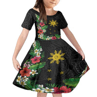 Tropical Hawaii and Philippines Family Matching Long Sleeve Bodycon Dress and Hawaiian Shirt Kanaka Maoli and Sun Badge Batok Tattoo Colorful LT03 Daughter's Dress Black - Polynesian Pride