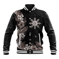 Tropical Hawaii and Philippines Baseball Jacket Kanaka Maoli and Sun Badge Batok Tattoo Grayscale LT03 Unisex Black - Polynesian Pride
