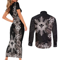 Tropical Hawaii and Philippines Couples Matching Short Sleeve Bodycon Dress and Long Sleeve Button Shirt Kanaka Maoli and Sun Badge Batok Tattoo Grayscale