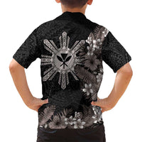 Tropical Hawaii and Philippines Family Matching Long Sleeve Bodycon Dress and Hawaiian Shirt Kanaka Maoli and Sun Badge Batok Tattoo Grayscale LT03 - Polynesian Pride
