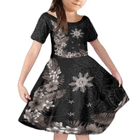 Tropical Hawaii and Philippines Family Matching Long Sleeve Bodycon Dress and Hawaiian Shirt Kanaka Maoli and Sun Badge Batok Tattoo Grayscale LT03 Daughter's Dress Black - Polynesian Pride