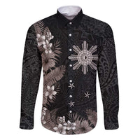 Tropical Hawaii and Philippines Family Matching Long Sleeve Bodycon Dress and Hawaiian Shirt Kanaka Maoli and Sun Badge Batok Tattoo Grayscale LT03 Dad's Shirt - Long Sleeve Black - Polynesian Pride