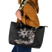 Tropical Hawaii and Philippines Leather Tote Bag Kanaka Maoli and Sun Badge Batok Tattoo Grayscale