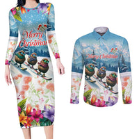New Zealand Merry Christmas Couples Matching Long Sleeve Bodycon Dress and Long Sleeve Button Shirt Kiwi Birds Snow Boarding-Vibrant Tropical Flower - Polynesian Pride