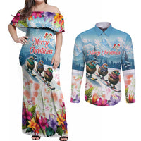 New Zealand Merry Christmas Couples Matching Off Shoulder Maxi Dress and Long Sleeve Button Shirt Kiwi Birds Snow Boarding-Vibrant Tropical Flower - Polynesian Pride