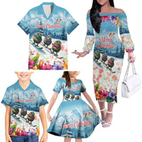 New Zealand Merry Christmas Family Matching Off The Shoulder Long Sleeve Dress and Hawaiian Shirt Kiwi Birds Snow Boarding-Vibrant Tropical Flower - Polynesian Pride