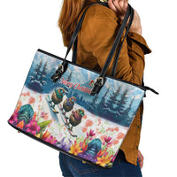 New Zealand Merry Christmas Leather Tote Bag Kiwi Birds Snow Boarding-Vibrant Tropical Flower - Polynesian Pride