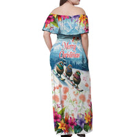 New Zealand Merry Christmas Off Shoulder Maxi Dress Kiwi Birds Snow Boarding-Vibrant Tropical Flower - Polynesian Pride