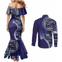Samoan Siapo Art Tattoo Polynesian Pattern Couples Matching Mermaid Dress and Long Sleeve Button Shirt Navy Color - Polynesian Pride