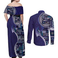 Samoan Siapo Art Tattoo Polynesian Pattern Couples Matching Off Shoulder Maxi Dress and Long Sleeve Button Shirt Navy Color - Polynesian Pride