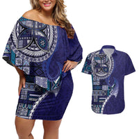 Samoan Siapo Art Tattoo Polynesian Pattern Couples Matching Off Shoulder Short Dress and Hawaiian Shirt Navy Color - Polynesian Pride