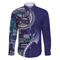 Samoan Siapo Art Tattoo Polynesian Pattern Family Matching Long Sleeve Bodycon Dress and Hawaiian Shirt Navy Color - Polynesian Pride