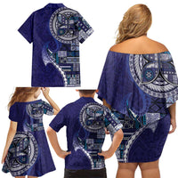 Samoan Siapo Art Tattoo Polynesian Pattern Family Matching Off Shoulder Short Dress and Hawaiian Shirt Navy Color - Polynesian Pride