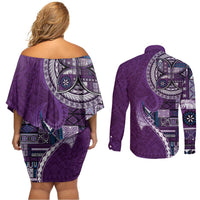 Samoan Siapo Art Tattoo Polynesian Pattern Couples Matching Off Shoulder Short Dress and Long Sleeve Button Shirt Purple Color - Polynesian Pride