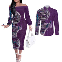 Samoan Siapo Art Tattoo Polynesian Pattern Couples Matching Off The Shoulder Long Sleeve Dress and Long Sleeve Button Shirt Purple Color - Polynesian Pride