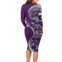 Samoan Siapo Art Tattoo Polynesian Pattern Family Matching Long Sleeve Bodycon Dress and Hawaiian Shirt Purple Color - Polynesian Pride
