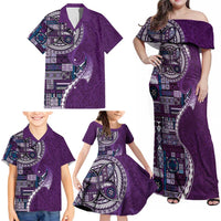 Samoan Siapo Art Tattoo Polynesian Pattern Family Matching Off Shoulder Maxi Dress and Hawaiian Shirt Purple Color - Polynesian Pride