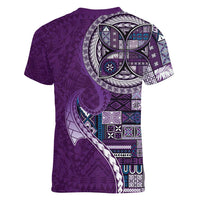 Samoan Siapo Art Tattoo Polynesian Pattern Women V-Neck T-Shirt Purple Color - Polynesian Pride