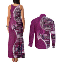 Samoan Siapo Art Tattoo Polynesian Pattern Couples Matching Tank Maxi Dress and Long Sleeve Button Shirt Pink Color - Polynesian Pride