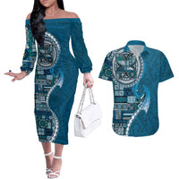 Samoan Siapo Art Tattoo Polynesian Pattern Couples Matching Off The Shoulder Long Sleeve Dress and Hawaiian Shirt Teal Color - Polynesian Pride