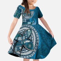 Samoan Siapo Art Tattoo Polynesian Pattern Family Matching Off The Shoulder Long Sleeve Dress and Hawaiian Shirt Teal Color - Polynesian Pride